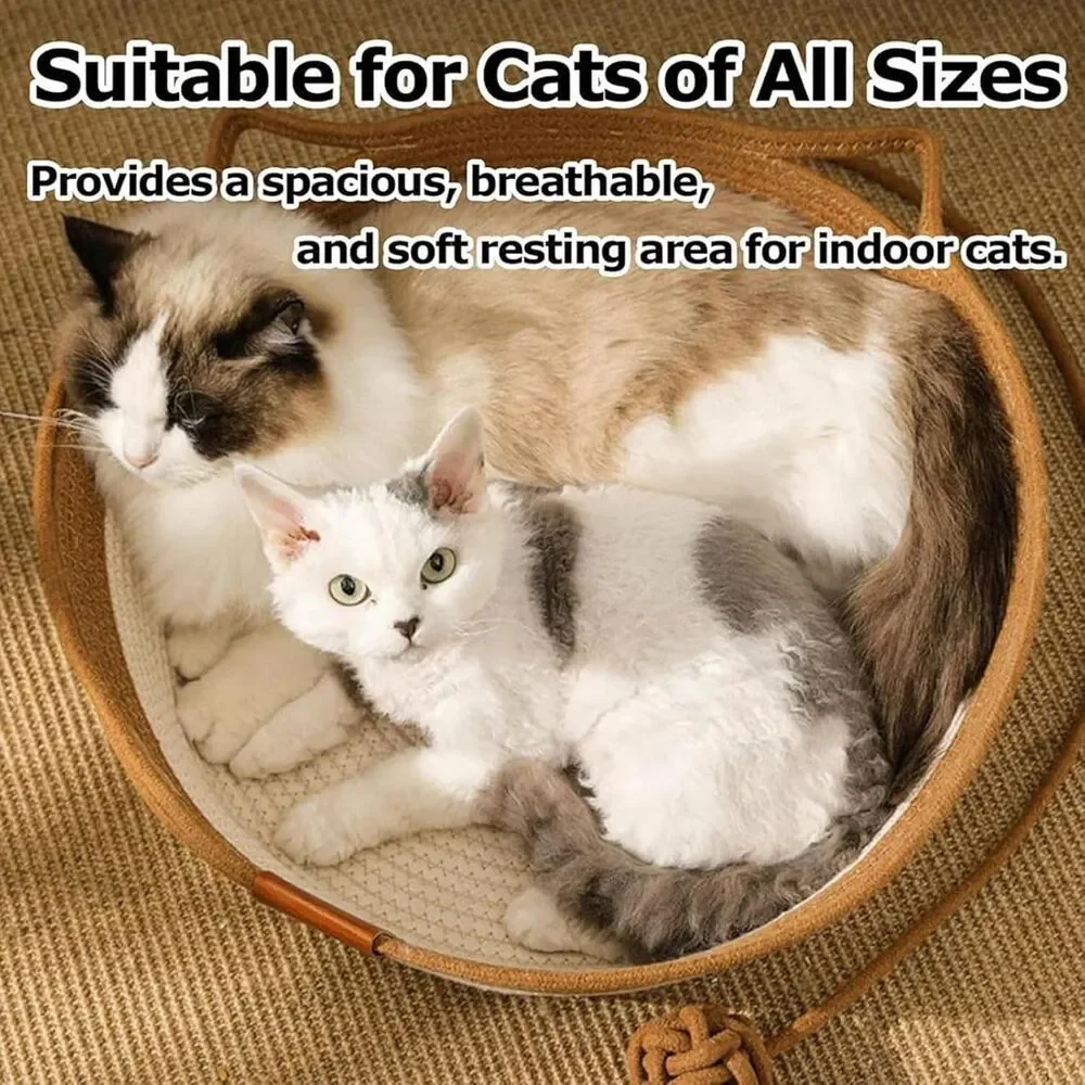 FHKPET Cotton Rope Cat Basket with Cushion - Large, Brown/Beige